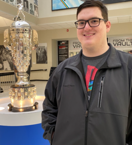Michael Miller with the Indy 500 Borg-Warner trophy