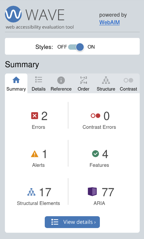Screenshot of WAVE accessibility plugin results